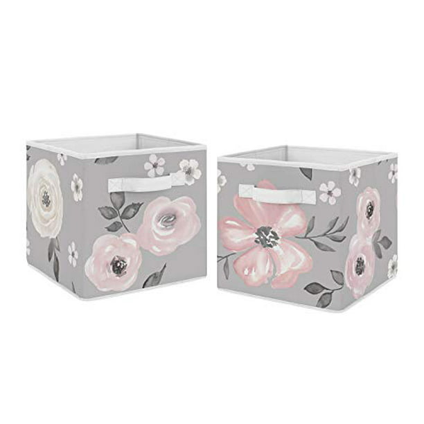 Pink Grey Watercolor Floral Foldable Fabric Storage Cube Bins Boxes 2pc Set